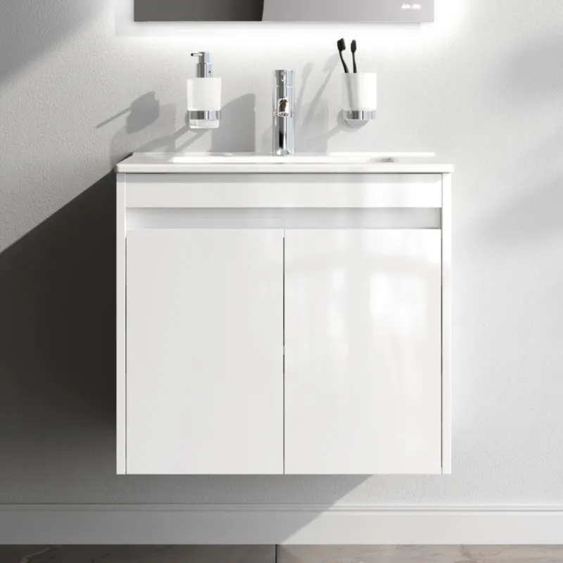 Waschtischunterschrank mit Waschbecken, 60 cm, als Flachpaket, 2 Türen, Weiß glänzend – MPAX0601WG-C0602WG