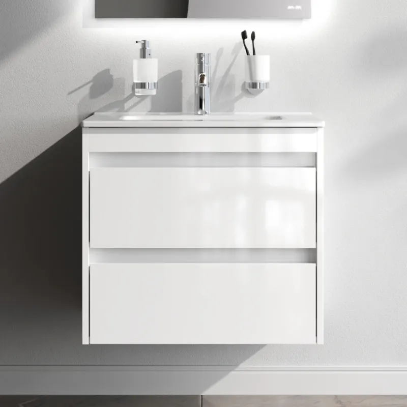 Waschtischunterschrank mit Waschbecken, 60 cm, als Flachpaket, 2 Schubladen, Weiß glänzend – MPAX0602WG-C0602WG