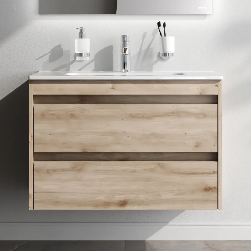 Waschtischunterschrank mit Waschbecken, 80 cm, als Flachpaket, 2 Schubladen, Eiche – MPAX0802HF-C0802WG
