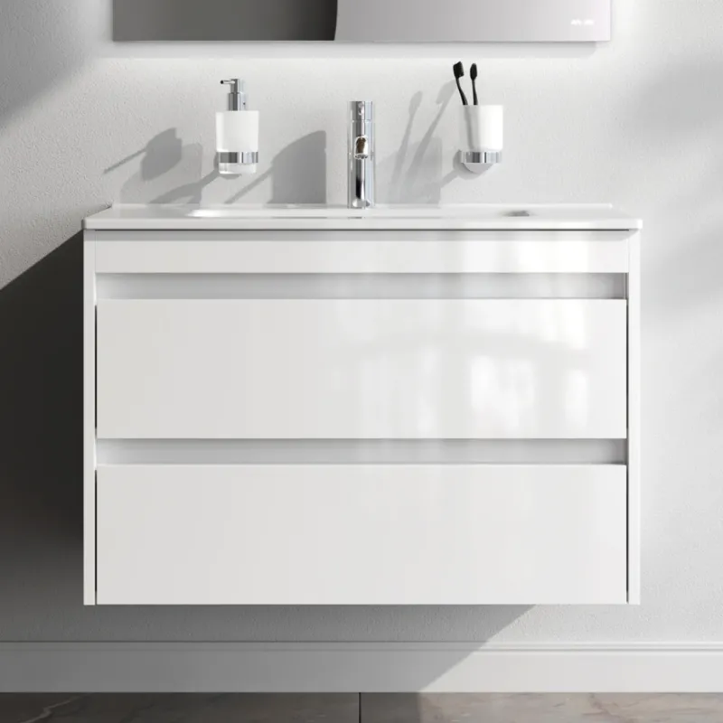 Waschtischunterschrank mit Waschbecken, 80 cm, als Flachpaket, 2 Schubladen, Weiß glänzend – MPAX0802WG-C0802WG