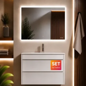 Badmöbel-Set mit Waschbecken und LED-Badspiegel, 80 cm, 2 Schubladen, Weiß glänzend – MTA0802WGCMO1