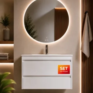 Badmöbel-Set mit Waschbecken und rundem LED-Badspiegel, 80 cm, 2 Schubladen, Weiß glänzend – MTA0802WGCMO4