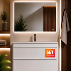 Badmöbel-Set mit Waschbecken und LED-Badspiegel, 100 cm, 2 Schubladen, Weiß glänzend – MTA1002WGCMO1