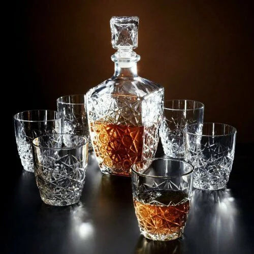 Crystal Whiskey Decanter Set Diamond Cut Glass 7-Piece - Product showcase