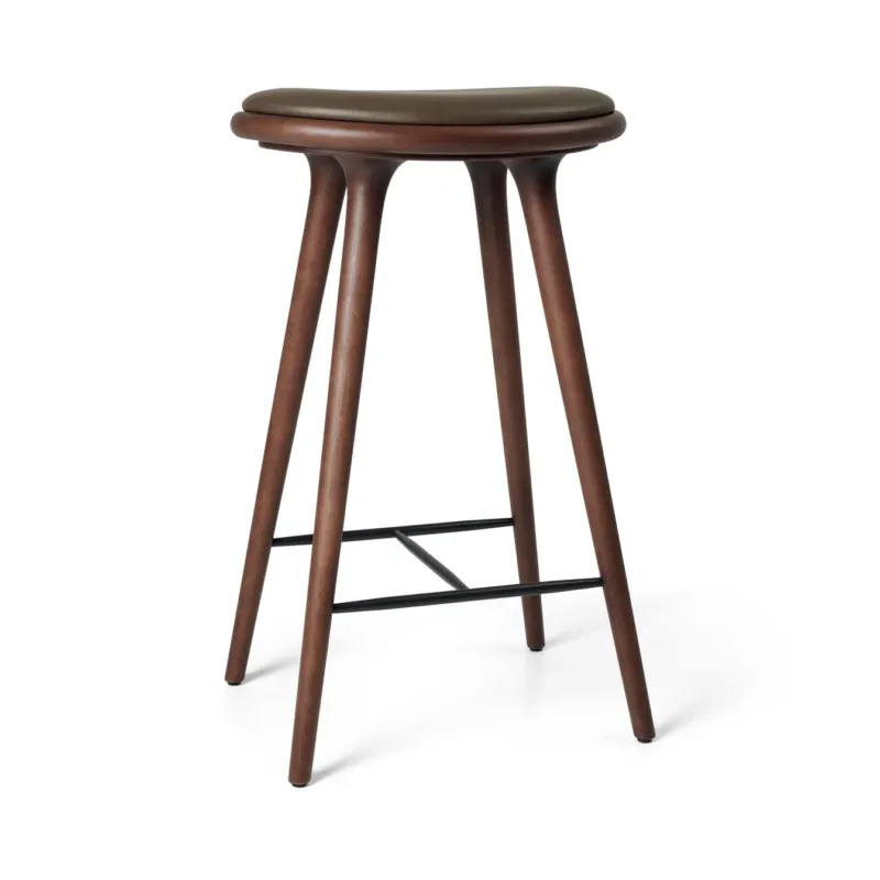 High Stool, braune Buche, Nuance Dark Brown Leder, 74 cm, hoher Barhocker von Mater