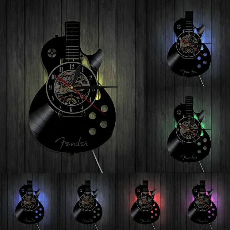 Guitar Vinyl Wall Clock Recycled Record Design - Detailed view