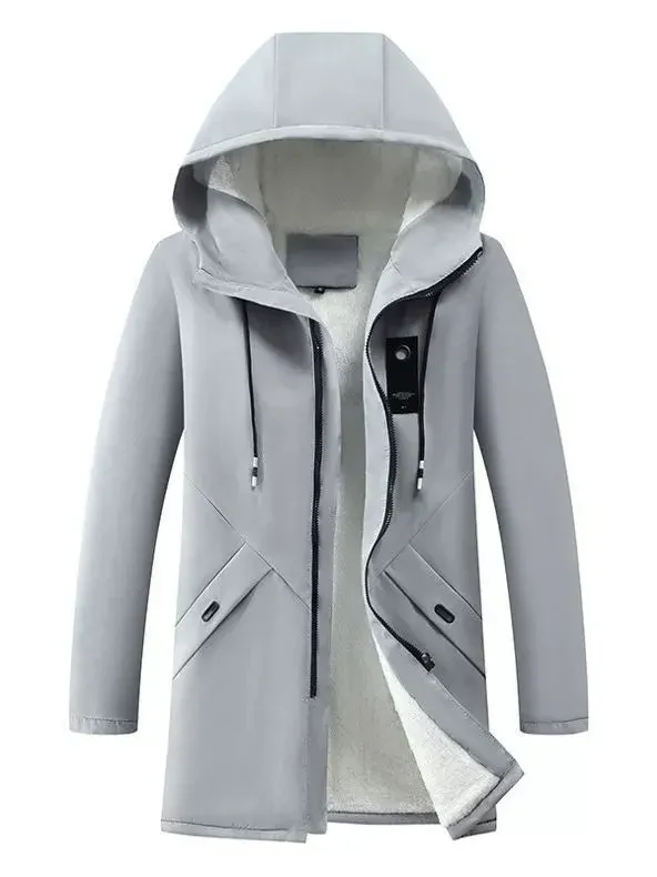 Winter Hooded Jacket Fleece Lined Windproof Mid-Length Coat - Product example