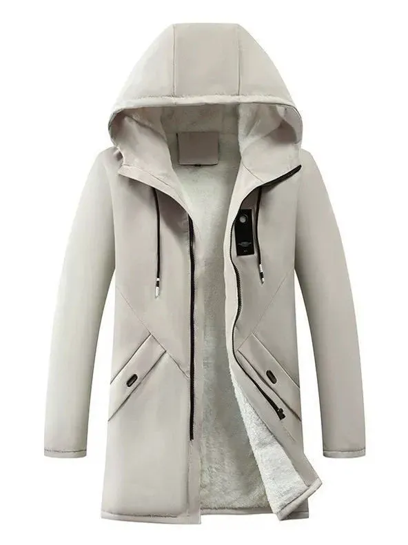 Winter Hooded Jacket Fleece Lined Windproof Mid-Length Coat - Product showcase
