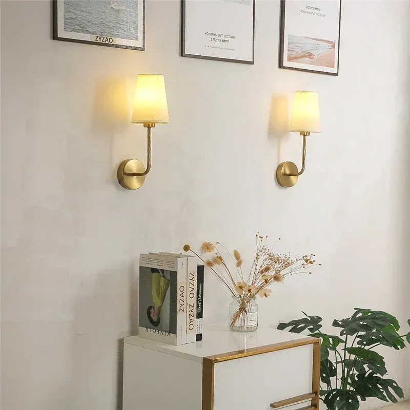 Modern Wall Sconce Brass Arm Linen Shade - Product showcase