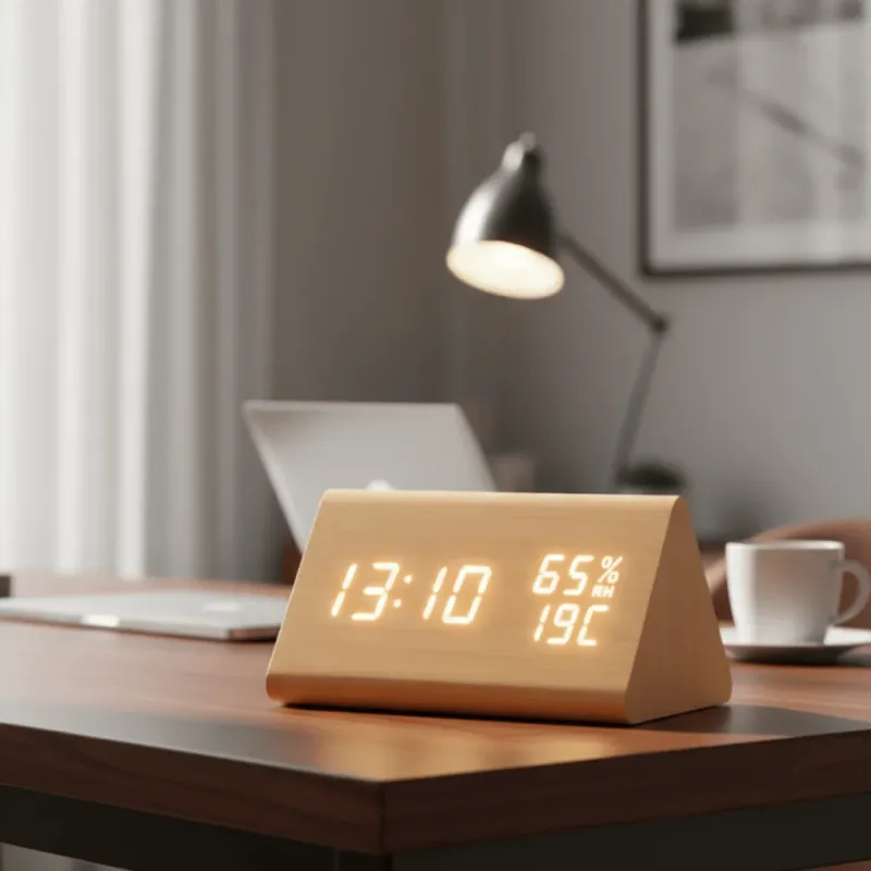 Digitale Holzoptik-Uhr mit Temperaturanzeige und dimmbarem Display