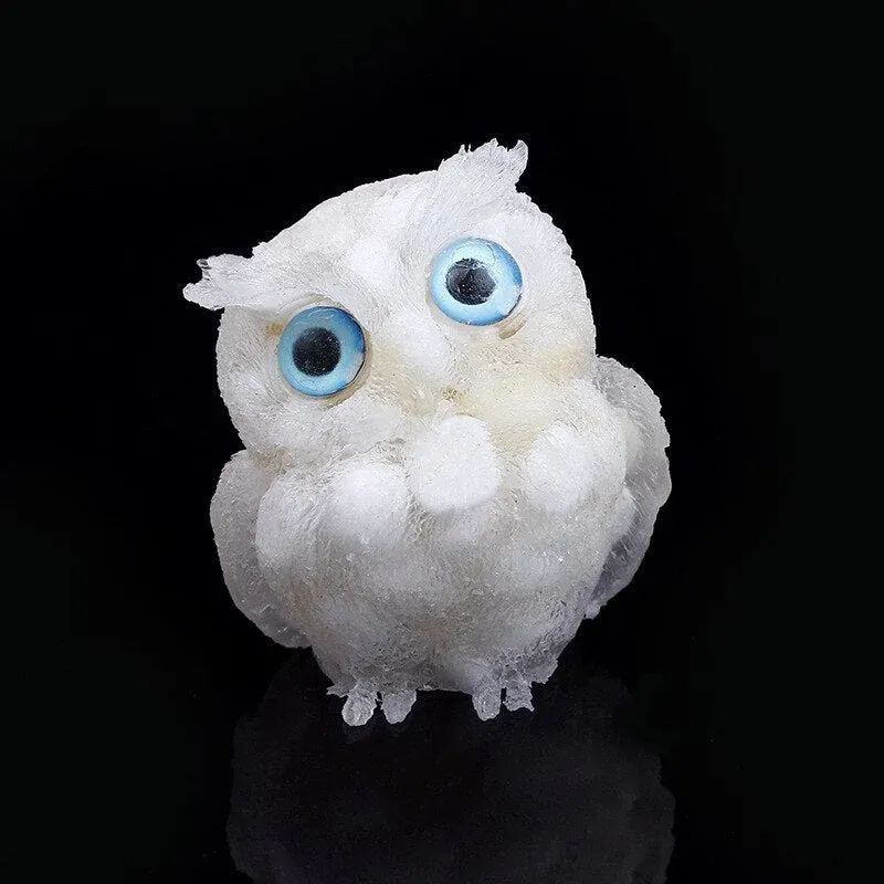 Natural Crystal Owl Figurine Handcrafted Blue Agate Eyes - Product showcase