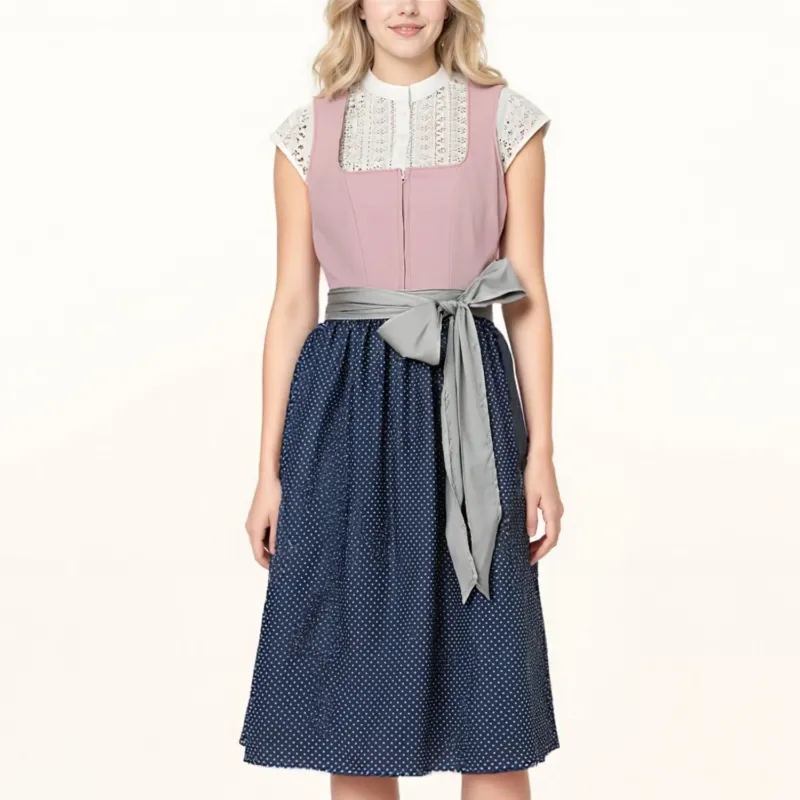 Traditional Dirndl Dress Pink Vintage Style With Lace Detail - Product showcase