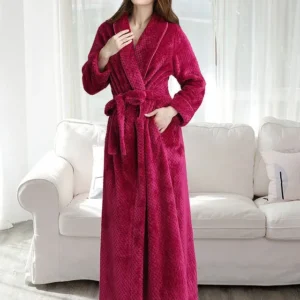 Plush Fleece Bathrobe Full Length Burgundy Flannel - Product showcase