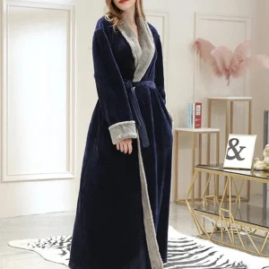 Plush Long Robe Navy Blue With Grey Fur Trim - Product showcase