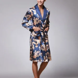 Luxury Silk Robe For Men Navy Blue Oriental Pattern - Product showcase