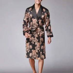 Luxury Silk Robe Black With Copper Paisley Pattern - Product showcase