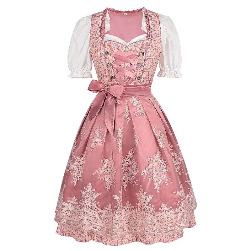 Traditional Dirndl Dress Pink Floral Embroidered With White Blouse - Product showcase