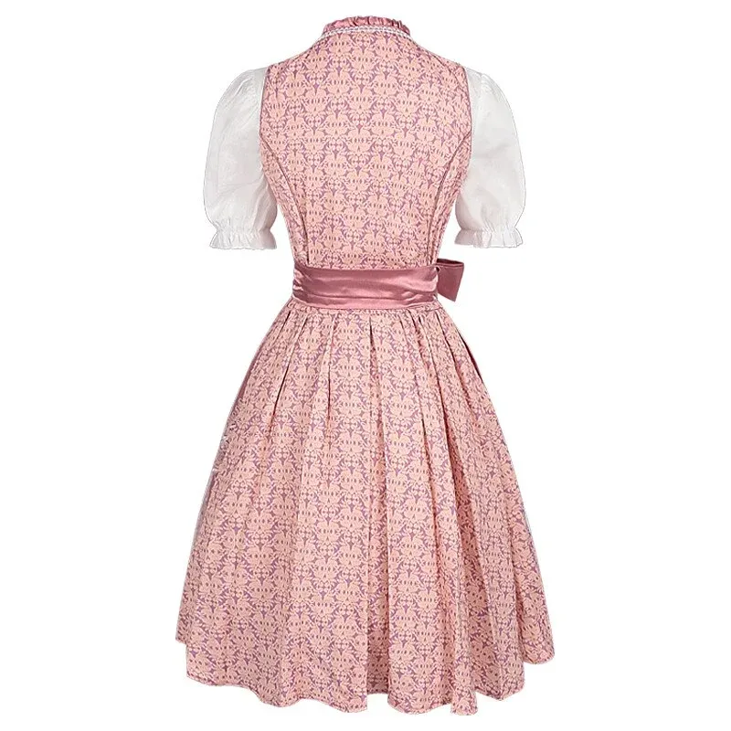 Traditional Dirndl Dress Pink Floral Embroidered With White Blouse - Detailed view