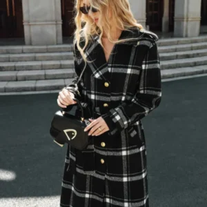 Plaid Wool Blend Trench Coat Black White Check Pattern with Belt - Product showcase