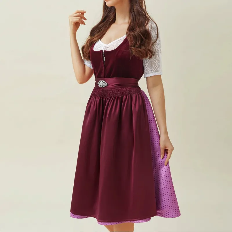 Traditional Dirndl Dress Purple Velvet with Embellished Apron - Detailed view