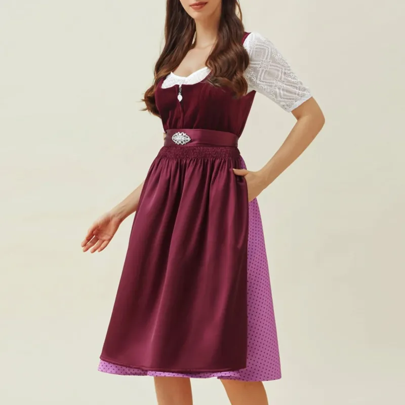 Traditional Dirndl Dress Purple Velvet with Embellished Apron - Product example