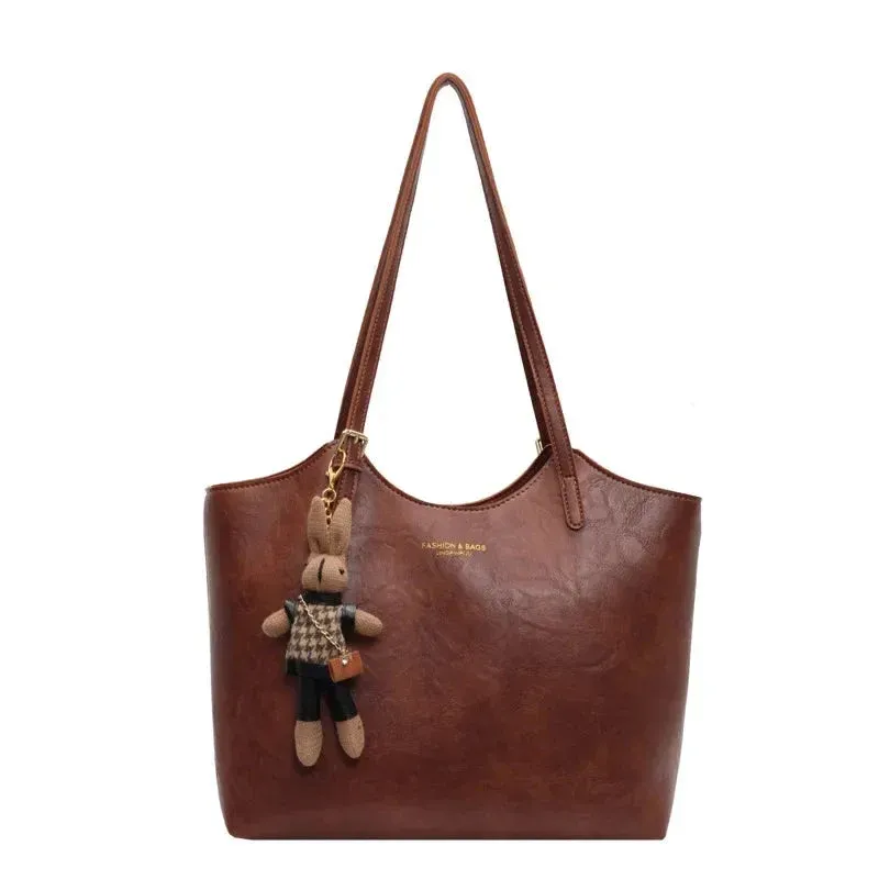 Brown Tote Bag Vegan Leather with Removable Bear Charm - Product showcase