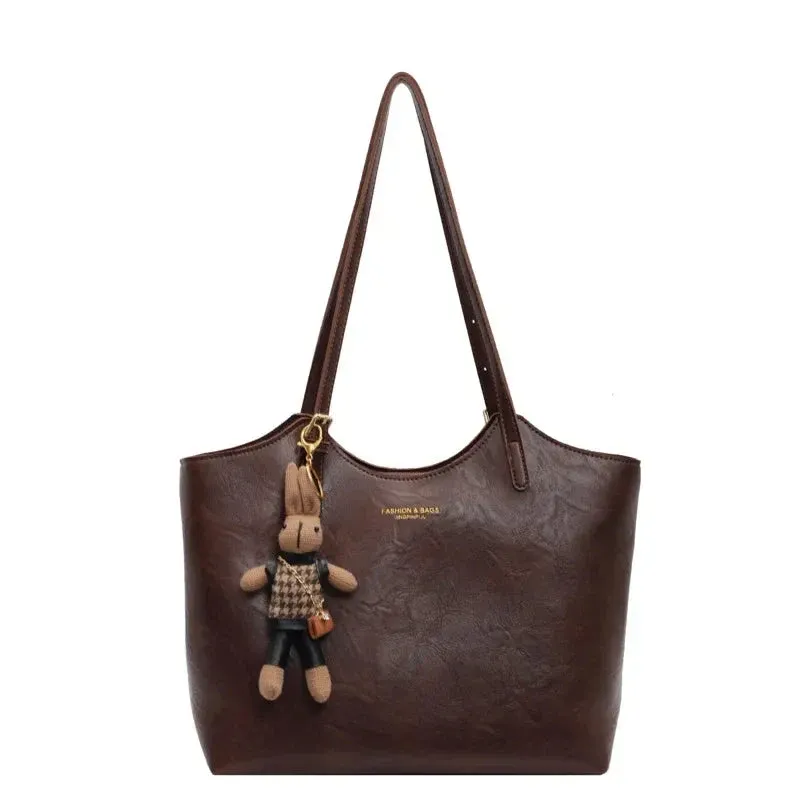Brown Tote Bag Vegan Leather with Removable Bear Charm - Product example
