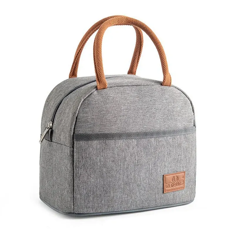 Insulated Lunch Bag Grey Canvas With Brown Handles - Product showcase