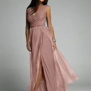 Evening Gown Maxi Dress V-Neck Split Mesh Design - Product showcase