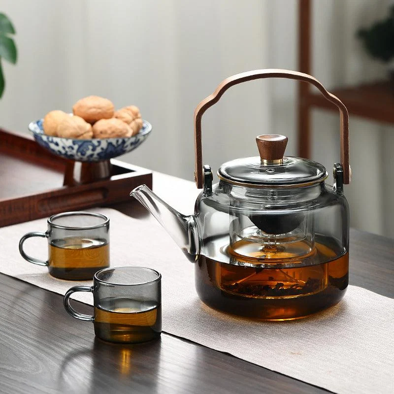 Glass Teapot with Wood Handle Smoked Glass Tea Brewing Pot - Product detail 4