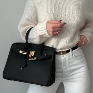 Classic Structured Handbag Black Leather With Gold Hardware - Product showcase