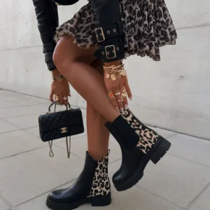 Leopard Print Chelsea Boots Black Leather With Animal Pattern - Product showcase