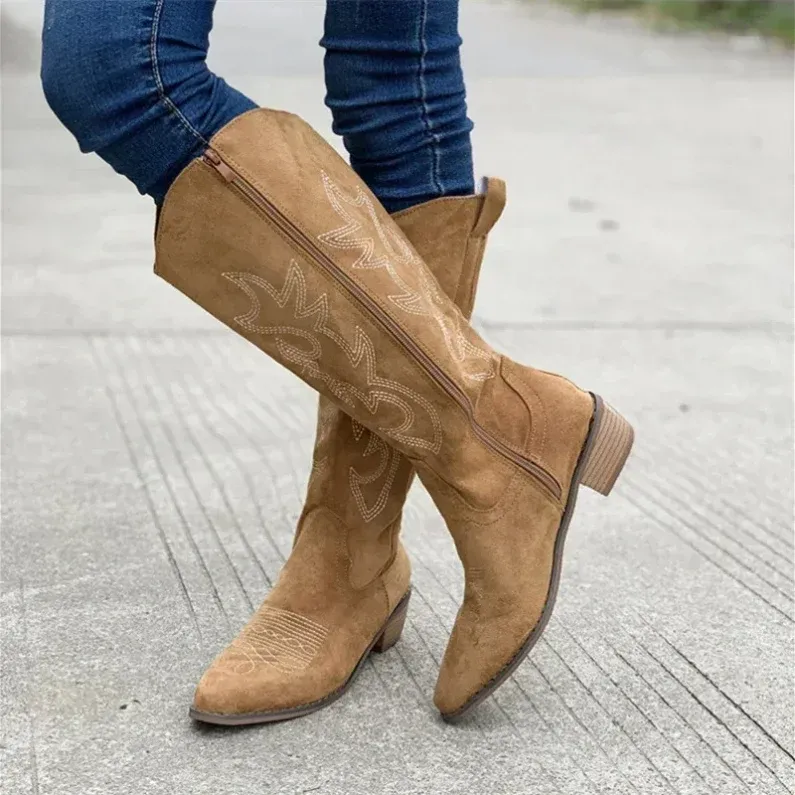 Western Suede Boots Embroidered Tall Cowboy Design - Detailed view