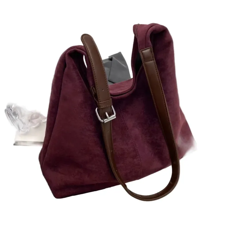 Suede Hobo Bag Premium Leather Trim With Adjustable Strap - Product example