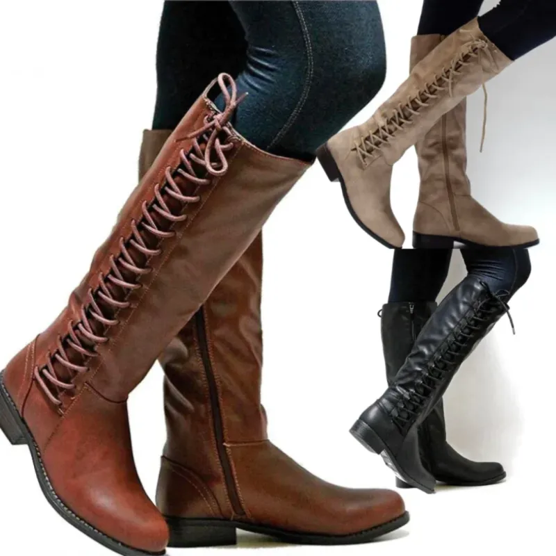 Lace Up Knee High Boots Classic Black Leather Combat Design - Detailed view