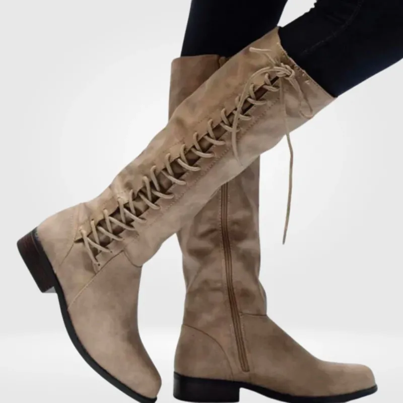 Lace Up Knee High Boots Classic Black Leather Combat Design - Product example