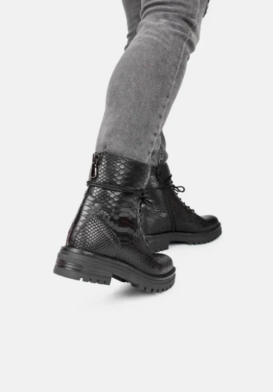 Python Pattern Combat Boots Black Textured Leather Design - Product showcase