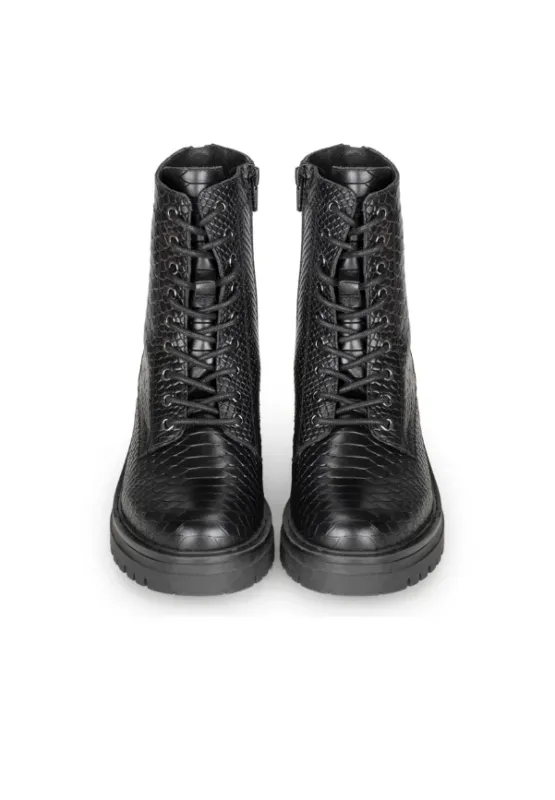 Python Pattern Combat Boots Black Textured Leather Design - Product example