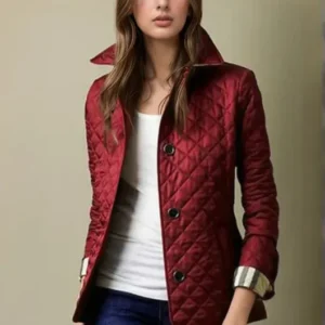 Quilted Button Up Jacket Diamond Pattern Burgundy Design - Product showcase
