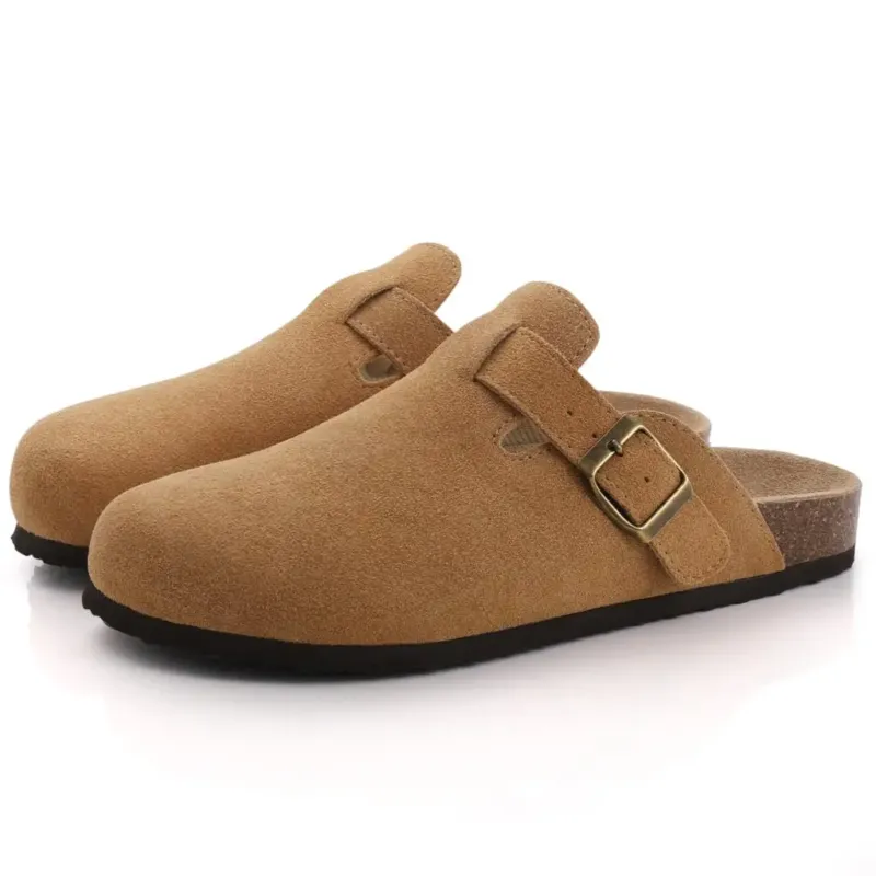 Suede Cork Mules Adjustable Buckle Comfort Slides - Product showcase