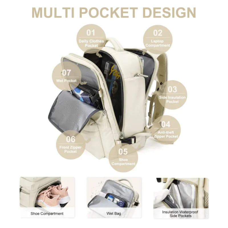 Womens Travel Backpack 35L Water-Repellent with USB Charging Port - Detailed view