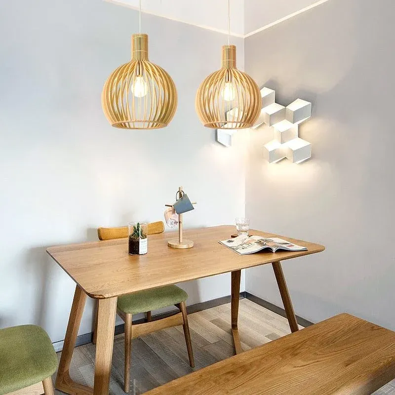 Wooden Pendant Light Ribbed Globe Cage Design - Product showcase