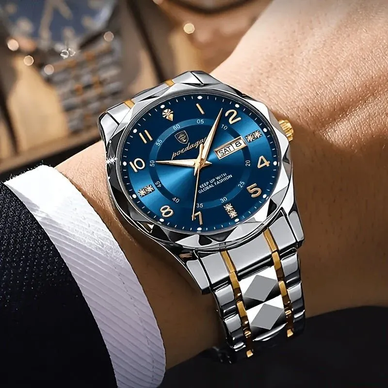 Mens Sports Watch Blue Dial Two-Tone Steel Band - Product detail 4