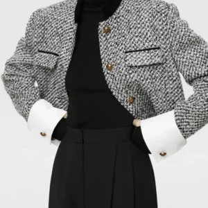 Tweed Boucle Crop Blazer Black White Houndstooth Pattern - Product showcase