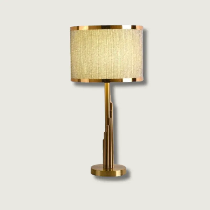 Art Deco Table Lamp Brass Column with Linen Shade - Product showcase