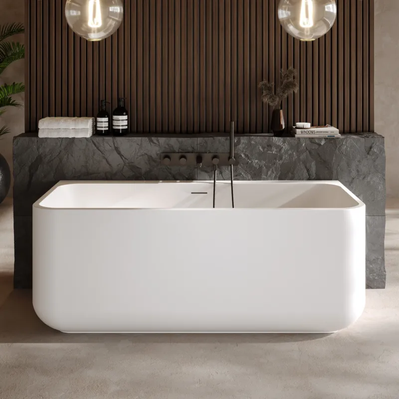 Dolvhin® Vorwand Badewanne „Tavira“ | Solid Surface Mineralguss | Weich eckig | 159x71x64 cm