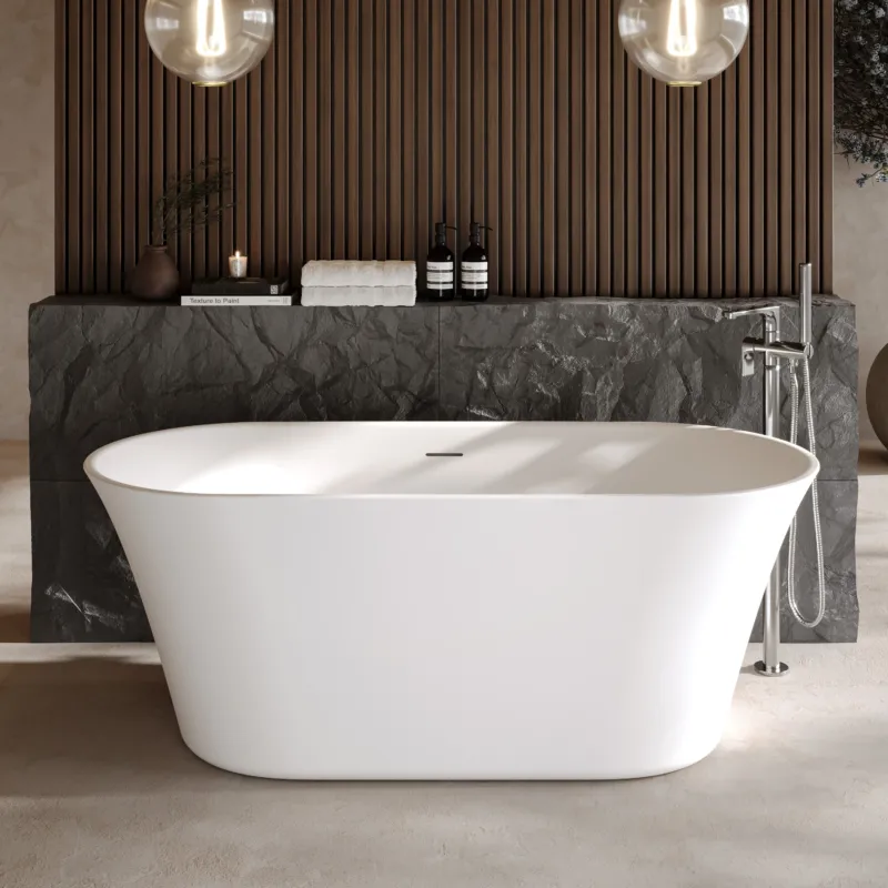 Dolvhin® Freistehende Badewanne „Aurea“ | Solid Surface Mineralguss | Oval | 157x72x61 cm