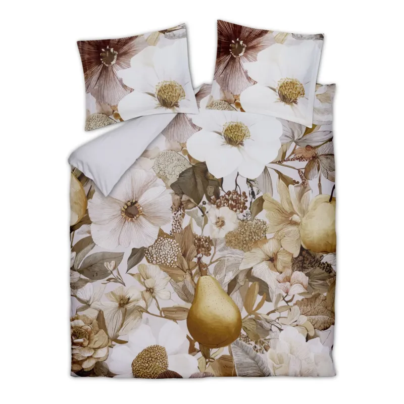 Vandyck Dustbloom dekbedovertrek Multi, bloemenprint in bruintinten met grote witte bloemen en geelbruine vruchten (SAAL26216)