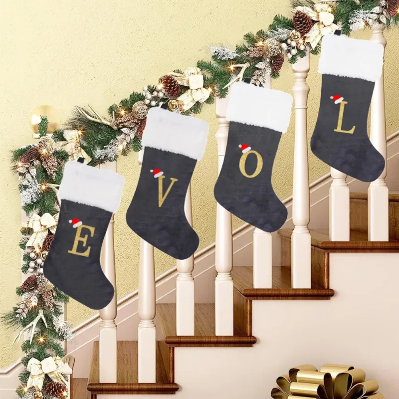 Personalized Christmas Stocking Gray Velvet Monogram Letter - Product detail 4