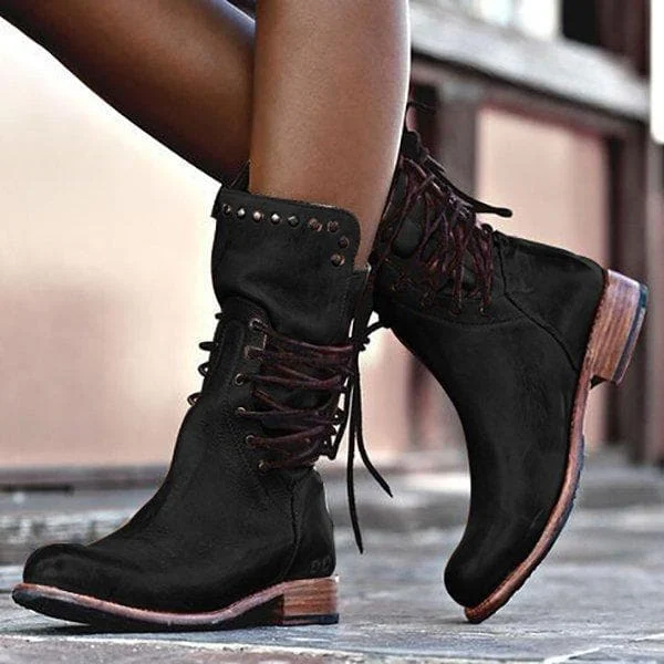 Vintage Leather Boots Mid-Calf Lace-Up Design With Studded Detail - Product example